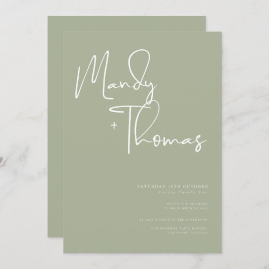 Moderne Salbei-Hochzeit Einladung (Vorne/Hinten)