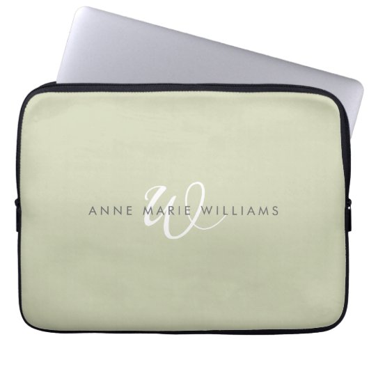 Moderne Salbeigrün Weiße Schrift Monogramm Laptopschutzhülle (Vorderseite)