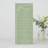Moderne Salbeigrüne Bogen-Hochzeitsempfangs-Menüka Menükarte (Stehend Vorderseite)
