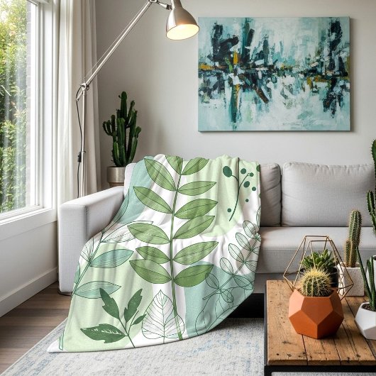 Moderne Salbeigrüne Botanische Blattmuster Fleecedecke
