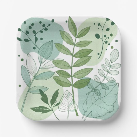 Moderne Salbeigrüne Botanische Blattmuster Pappteller (Vorderseite)