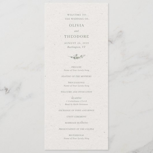 Moderne Salbeigrüne Botanische Elegante Hochzeit Programm (Vorderseite)