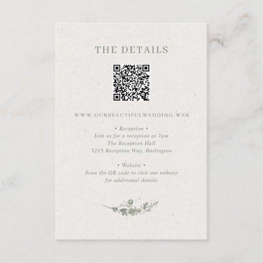 Moderne Salbeigrüne Botanische QR-Code-Hochzeit Begleitkarte (Vorderseite)