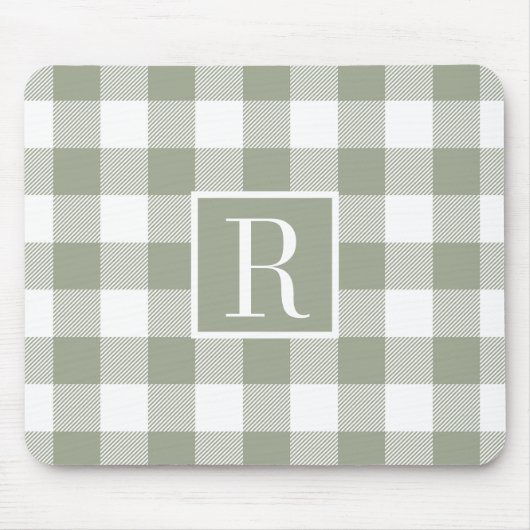 Moderne Salbeigrüne Buffalo-Karo-Monogramm-Initial Mousepad (Vorne)