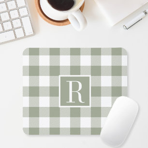 Moderne Salbeigrüne Buffalo-Karo-Monogramm-Initial Mousepad