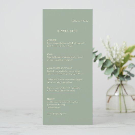 Moderne Salbeigrüne Einfache Hochzeit Menükarte (Stehend Vorderseite)
