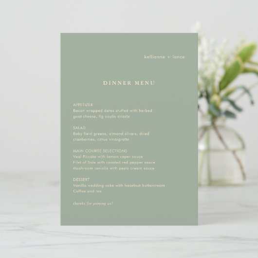 Moderne Salbeigrüne Einfache Hochzeit Menükarte (Stehend Vorderseite)