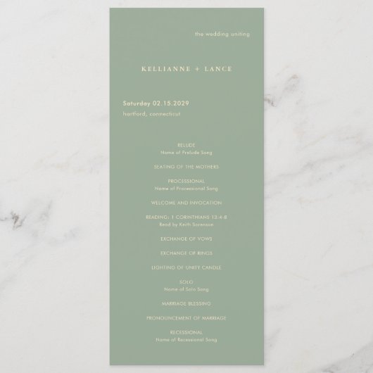 Moderne Salbeigrüne Einfache Hochzeit Programm (Vorderseite)