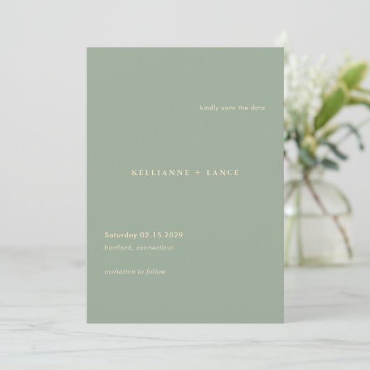 Moderne Salbeigrüne Einfache Hochzeit Save The Date (Stehend Vorderseite)