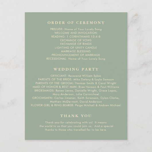 Moderne Salbeigrüne Einfache Hochzeitsprogramm (Rückseite)