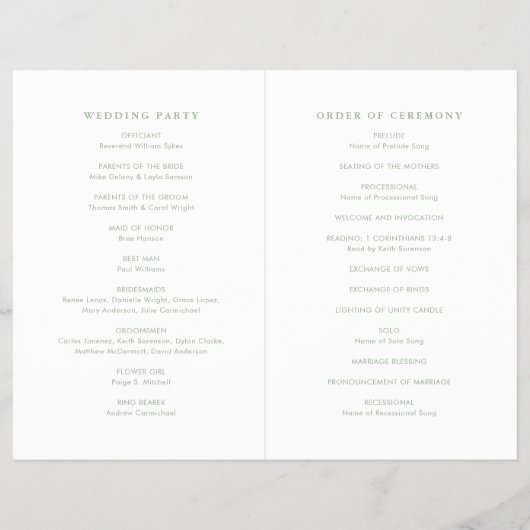 Moderne Salbeigrüne einfache Hochzeitsprogramm (Hinten)