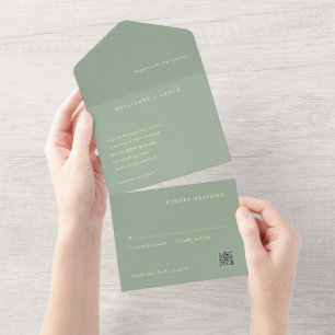 Moderne Salbeigrüne Einfache QR-Code-Hochzeit All In One Einladung