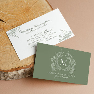 Moderne Salbeigrüne Florale Wappen-Monogramm Visitenkarte