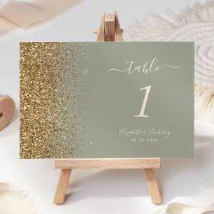 Moderne Salbeigrüne Gold Glitter Rand Hochzeit Tischnummer