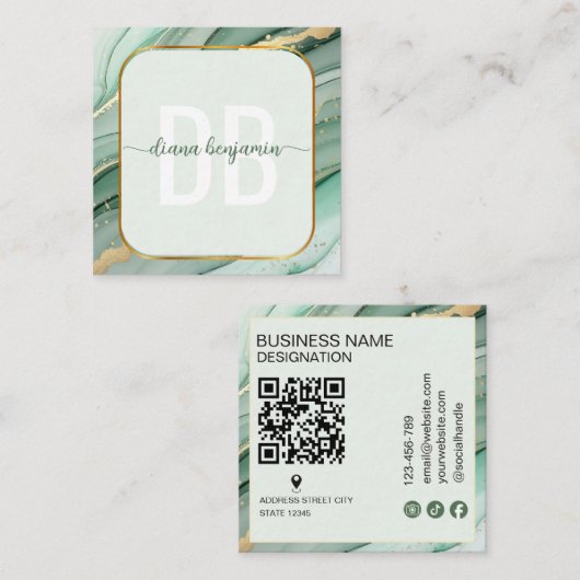 Moderne Salbeigrüne Gold-Monogramm-Qr-Code Quadratische Visitenkarte (Vorne/Hinten)