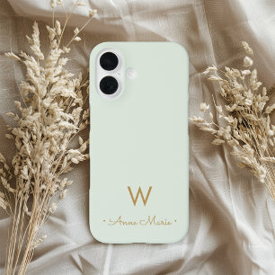 Moderne Salbeigrüne Gold-Schrift-Monogramm iPhone 16 Hülle