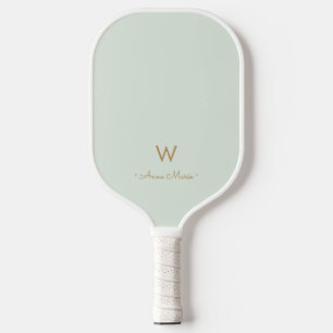 Moderne Salbeigrüne Gold-Schrift-Monogramm Pickleball Schläger