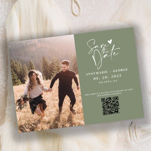Moderne Salbeigrüne Kalligrafie Foto QR Code Save The Date