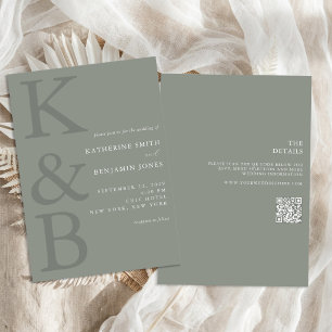Moderne Salbeigrüne Monogramm-Hochzeit alles in ei Einladung