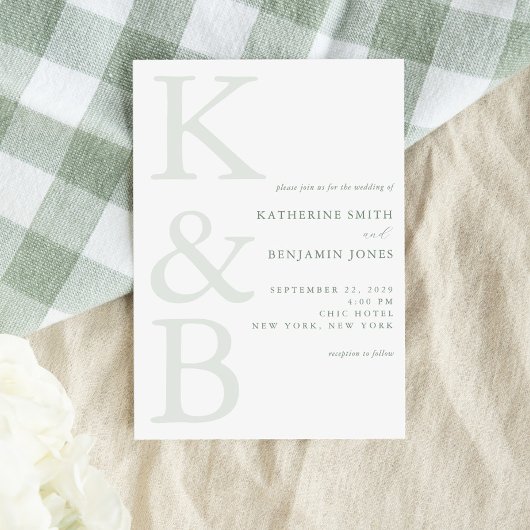Moderne Salbeigrüne Monogramm-Minimalist-Hochzeit Einladung
