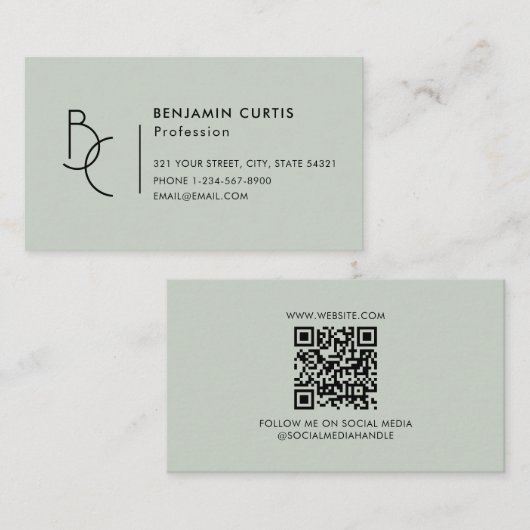 Moderne Salbeigrüne Monogramm Minimalist QR-Code Visitenkarte (Vorne/Hinten)