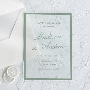 Moderne Salbeigrüne Rand-Hochzeit Save-the-Date-Ka Acryleinladungen