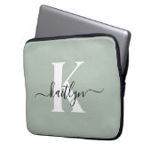 Moderne Salbeigrüne Script-Monogramm Laptopschutzhülle (Vorderseite Links)