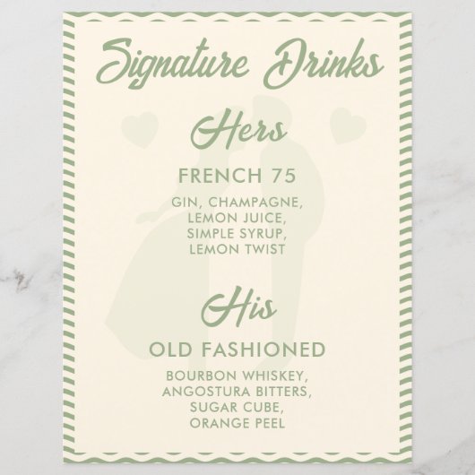 Moderne Salbeigrüne Signature-Drinks-Hochzeitstafe (Vorderseite)