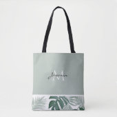 Moderne Salbeigrüne Tropische Blattmonogramm Tasche (Vorderseite)
