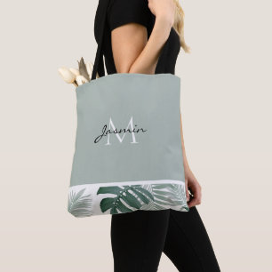 Moderne Salbeigrüne Tropische Blattmonogramm Tasche