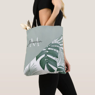 Moderne Salbeigrüne Tropische Blattmonogramm Tasche