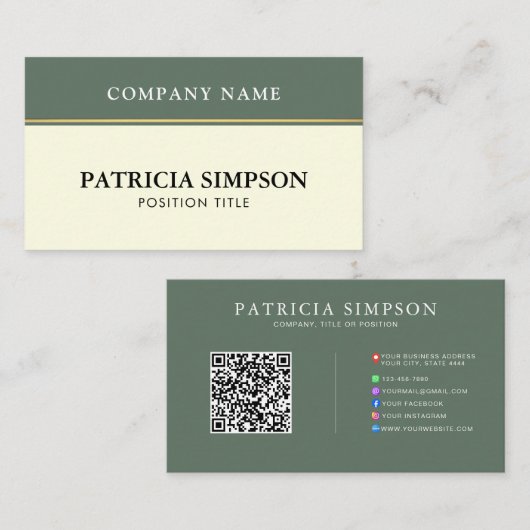Moderne Salbeigrüne und Beige-Creme-QR-Code-Vorlag Visitenkarte (Vorne/Hinten)