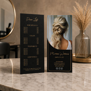 Moderne Salon-Frisur-Stylist Schwarz-Gold-Preislis Werbekarte