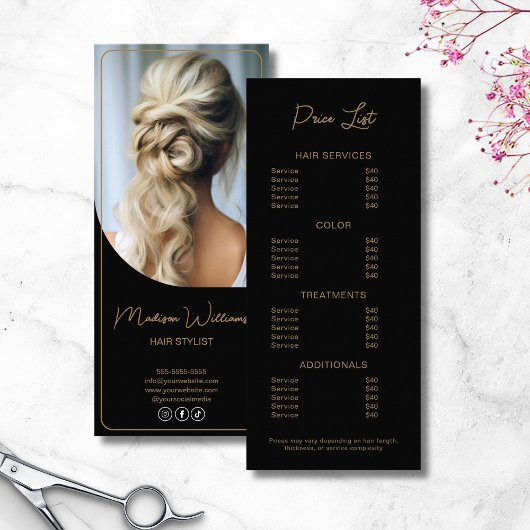 Moderne Salon Hair Stylist Black Gold Preisliste Werbekarte