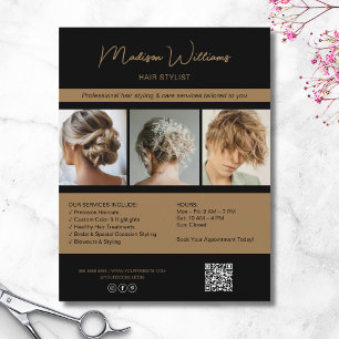 Moderne Salon Hair Stylist Services QR Black Gold Flyer