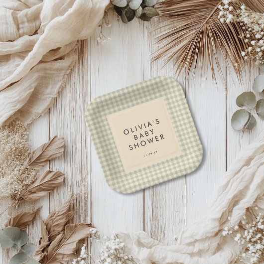 Moderne Sammlung Green Gingham Baby Dusche Collect Pappteller