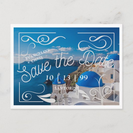 Moderne Santorini Save the Date Postcard Postkarte (Vorderseite)