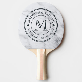 Moderne saubere weiße Marmor-Hochzeitsmonogramm Tischtennis Schläger