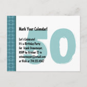 Moderne Save the Date 50. Geburtstag Aquamarin und Ankündigungspostkarte (Rückseite)