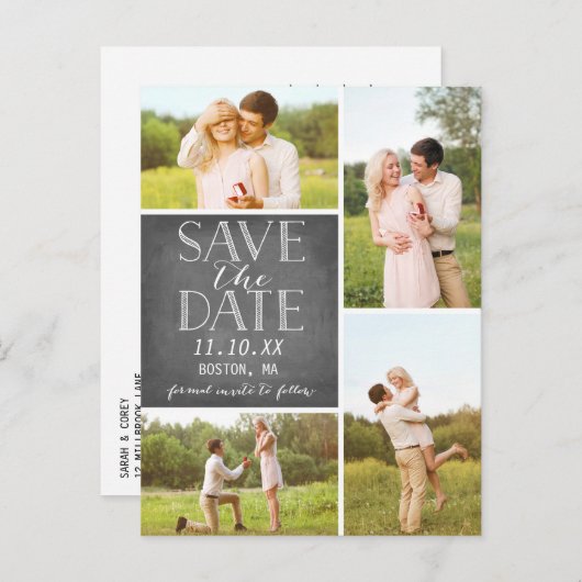 Moderne Save the Date Collage des Klassiker-4-Foto Ankündigungspostkarte (Vorne/Hinten)