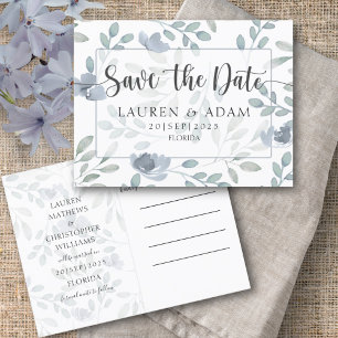 Moderne Save the Date Dusty Blue Eukalyptus Floral Ankündigungspostkarte