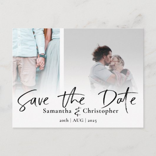 Moderne Save the Date Elegante Script Foto Collage Ankündigungspostkarte (Vorderseite)