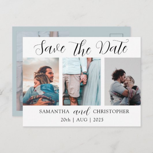 Moderne Save the Date Elegante Script Foto Collage Ankündigungspostkarte (Vorne/Hinten)