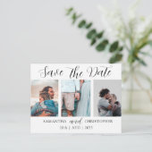 Moderne Save the Date Elegante Script Foto Collage Ankündigungspostkarte (Stehend Vorderseite)