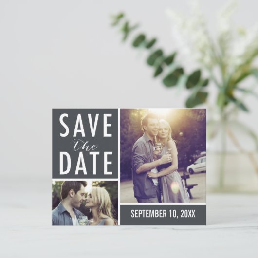 Moderne Save the Date FotoCollage Ankündigungspostkarte (Stehend Vorderseite)