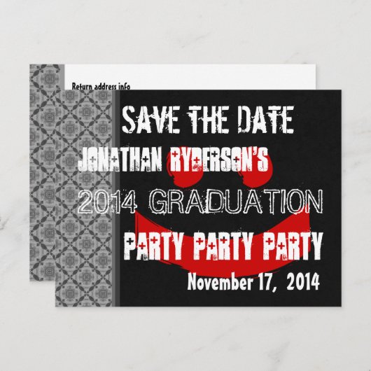 Moderne Save the Date Graduierungspartei Red Black Ankündigungspostkarte (Vorne/Hinten)