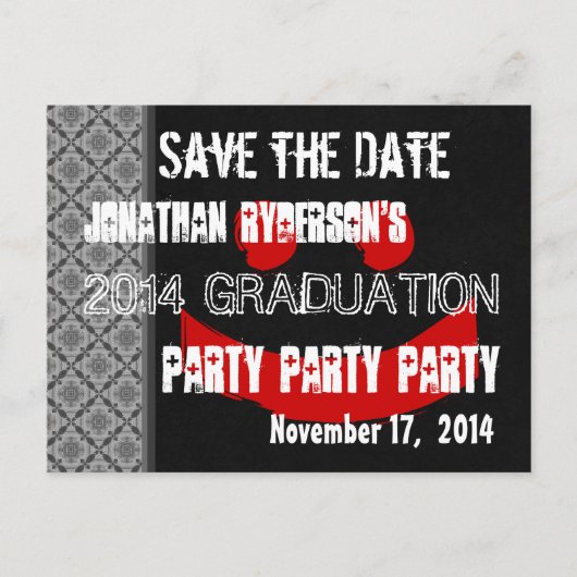 Moderne Save the Date Graduierungspartei Red Black Ankündigungspostkarte (Vorderseite)