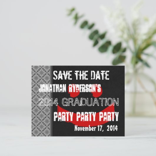 Moderne Save the Date Graduierungspartei Red Black Ankündigungspostkarte (Stehend Vorderseite)