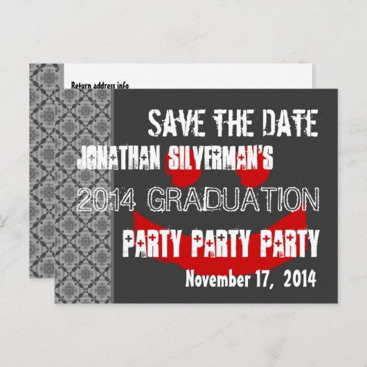 Moderne Save the Date Graduierungspartei Red Black Ankündigungspostkarte (Vorne/Hinten)