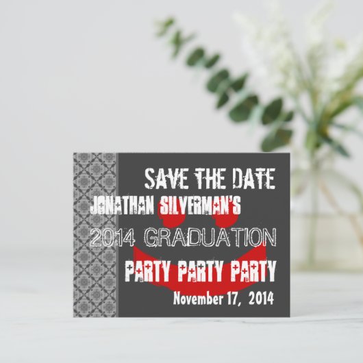 Moderne Save the Date Graduierungspartei Red Black Ankündigungspostkarte (Stehend Vorderseite)
